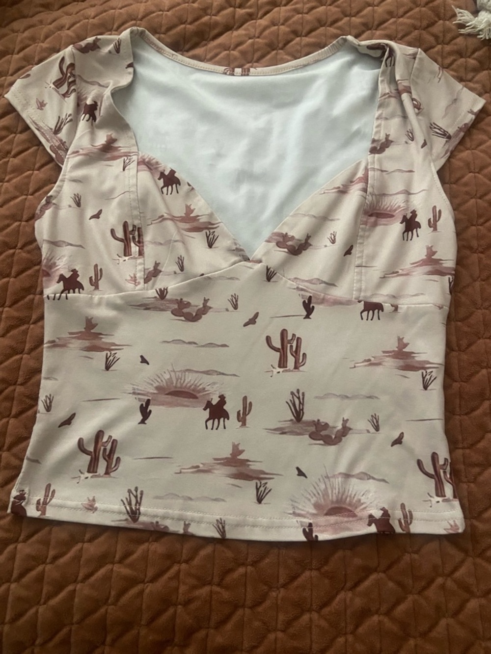 Women's Cream Western Print Cap Sleeve Top